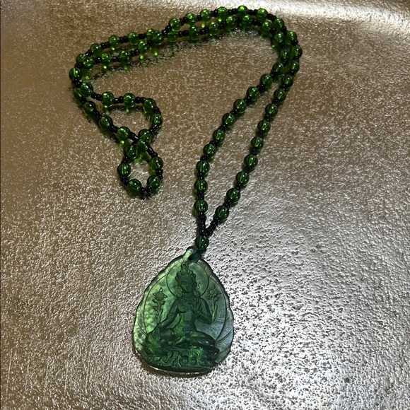 Asian Apsara Pendant Green Beads Other - #1254= Green  Beaded Necklace with Asian “ APSARA “ Khmer Pendant. “18/20 inch “